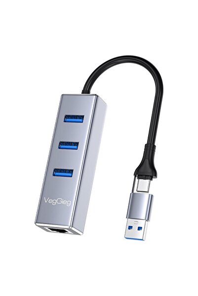 Veggieg Usb Ve Type-c Gigabit Ethernet Adaptörü 3 Port Usb 3.0 Çoklayıcı Hub