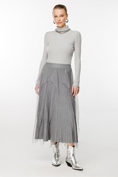 Ghisa Gray Knitwear Skirt - Tulle Detailed