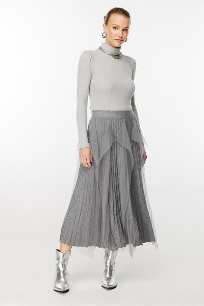 Ghisa Gray Knitwear Skirt - Tulle Detailed