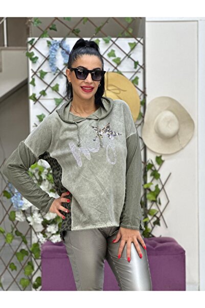 Punta Otantik N589352 - Італійська блуза з капюшоном, хакі, з леопардовим при...