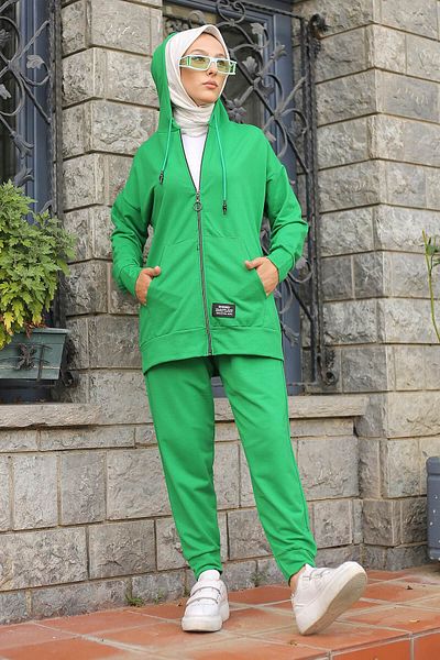 İmajButik Σετ φόρμας με πράσινη κουκούλα με δύο κλωστές με τσέπες
