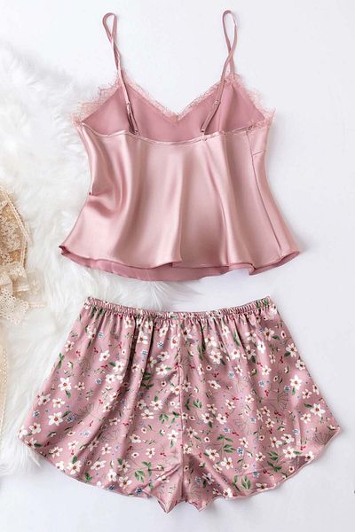 Merry See Spitze besticktes Shorts-Pyjama-Set mit Blumendruck