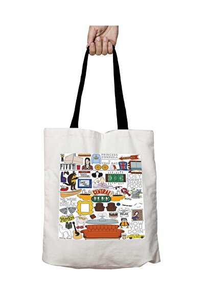 ART HEDİYE Central Perk White Symbols Washable School Shoulder Bag with Black...