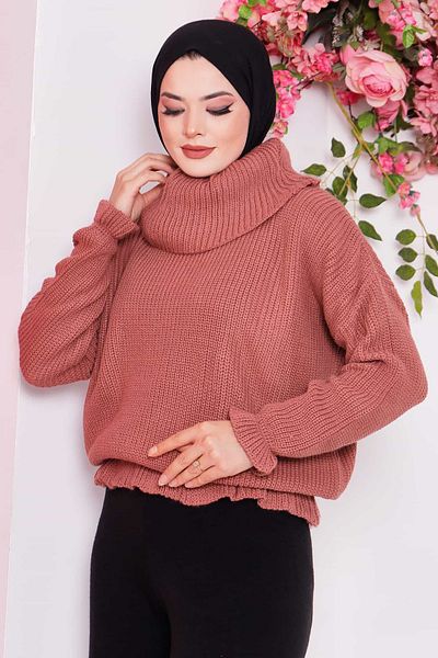 İmajButik Λεπτομερές πλεκτό πουλόβερ με γυναικείο γιακά Dusty Rose με μανίκι μέσης