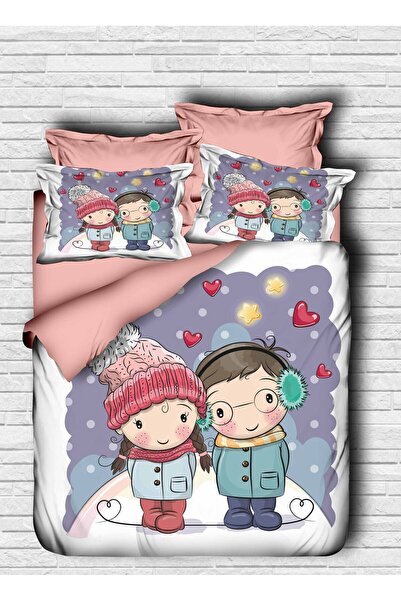 Fabeteks Valentine's Day Heart Digital Double Duvet Cover Pillow Set