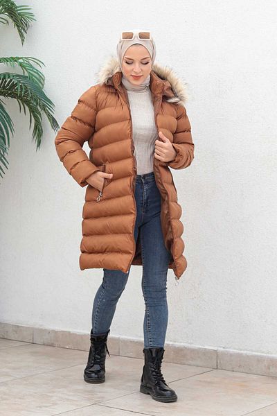 İmajButik Palton tip puf Hijab Camel Plus Size
