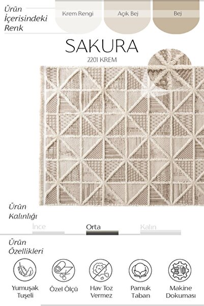 Cool Halı Sakura 2201 Krem Hav Toz Vermez Etnik Desenli Modern Dokuma Bukleli Salon Halısı