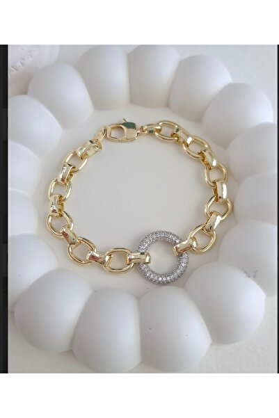 Vinya jewelry Kalın Halka Zincir Ortası Yuvarlak Taşlı Ayarlanabilir Bileklik