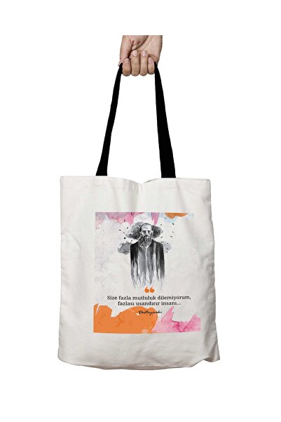 ART HEDİYE Dostoevsky Happiness Washable School Shoulder Bag with Black Handles