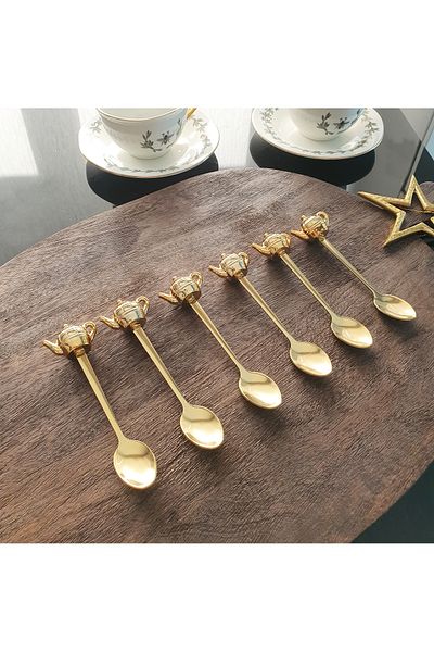 LOVYCO طقم ملاعق إبريق شاي ذهبي مكون من 6 قطع