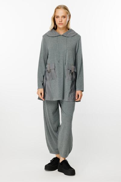 Ghisa Cep Detaylı Triko Tunik Pantolon Takımı Gri