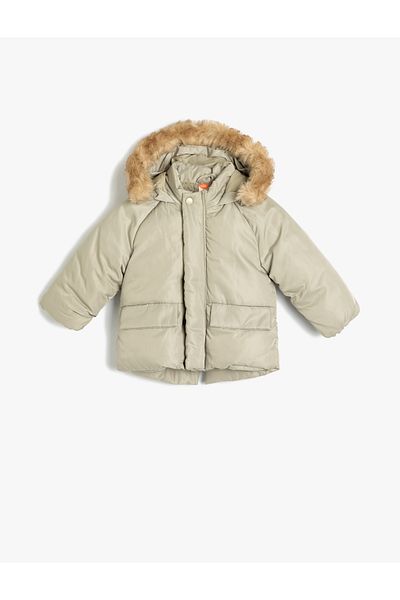 Koton Pufferjacke mit Kapuze und Felldetails und Taschen