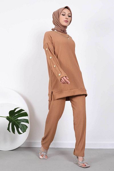 İmajButik Κολιέ μπισκότο με κουμπιά μανίκια Σετ παντελόνι τουνίκ
