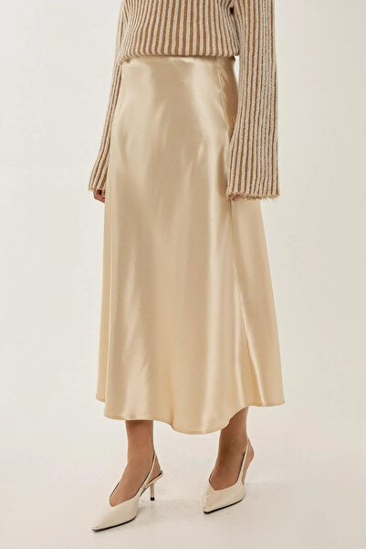 Hiccup Yüksek Bel Saten Midi Etek