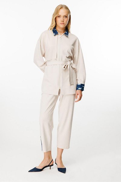 Ghisa Stone Color Waist Belted Suit Set