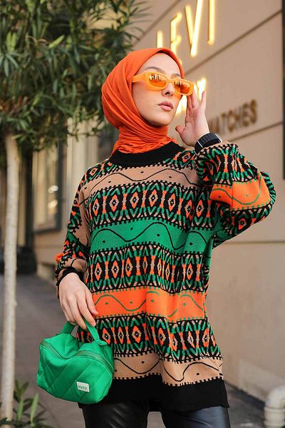 İmajButik Black Patterned Casual Knitwear Sweater