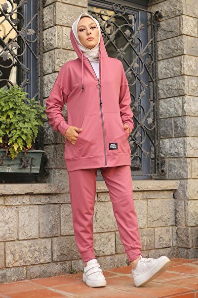 İmajButik Dusty Rose Hooded Pocket Two Thread Tracksuit Set