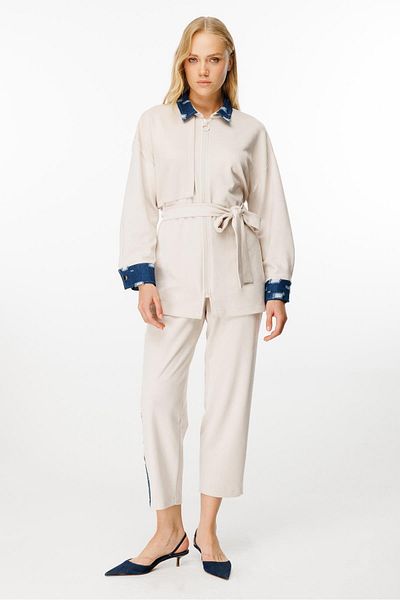 Ghisa Stone Color Waist Belted Suit Set