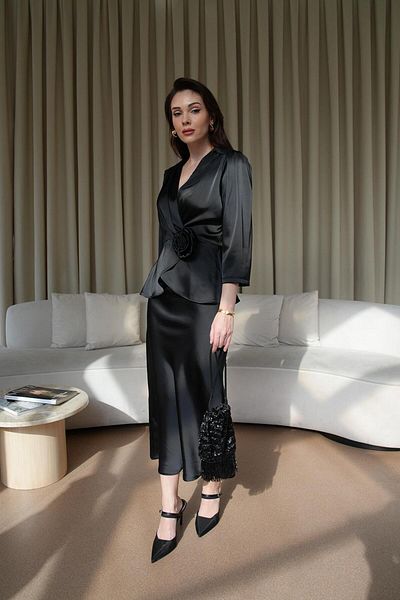 Tuba Butik Double Breasted Lapel Satin Black Blouse Skirt Women's Suit