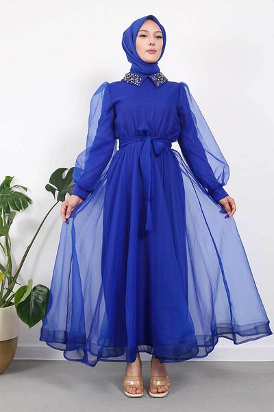 İmajButik Βραδινό φόρεμα Saks Blue Collar Stone Balloon Sleeve