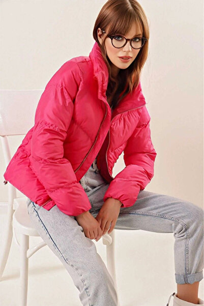 hazelin Pink Women's down Jacket with Stand Collar and Drawstring Waist - Hzl25W-Bd 131791