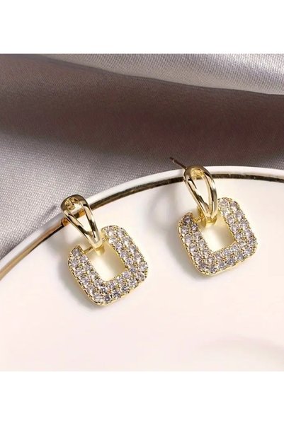 DM Stylish Square Geometric Stud Earrings with Sparkling Rhinestones, Stainless Steel