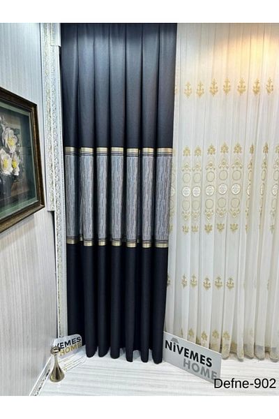 NİVEMESHOME Nivemeshome Laurel Black V-902 1/3 Fund Curtain - Close Pleated APM