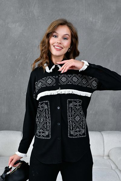 Miss Allos Set cămașă și pantaloni tricotaje cu dungi brodate în față pentru femei