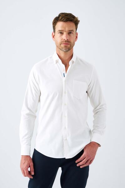 Paşahan 100% Cotton Comfort Fit Men's Shirt with Velvet Embroidery Detail Pockets