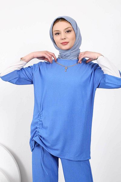 İmajButik Μπλε κοστούμι περιτυλίγματος Saks με μπροστινό κολιέ