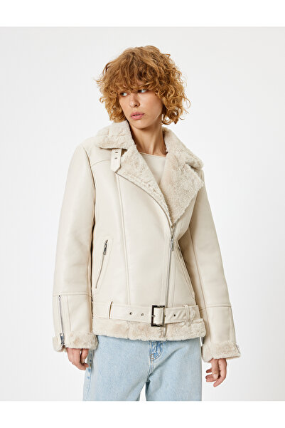 Koton Leather Look Faux Fur Zippered Biker Jacket