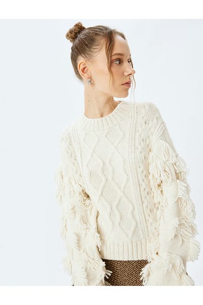 Koton Tassel Detail Crew Neck Long Sleeve Textured Knitwear Sweater