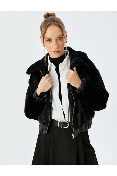 Koton Faux Fur Jacket with Stand Collar Zippered Pocket Detail