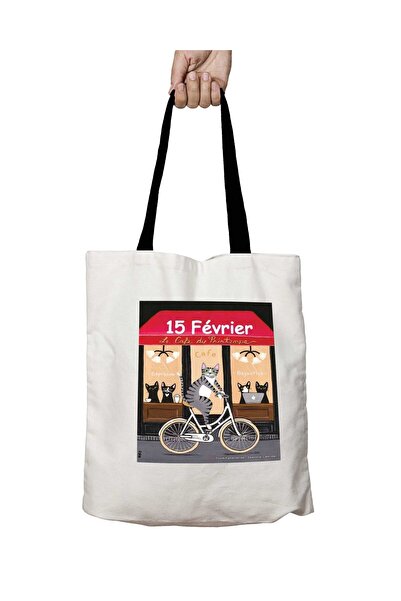ART HEDİYE Cat Cafe Bicycle Washable School Shoulder Bag with Black Handles