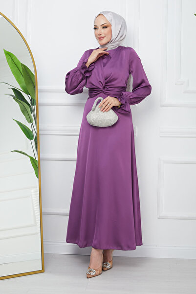 İmajButik Lila Kol Gipeli Ön Detaylı Saten Abiye
