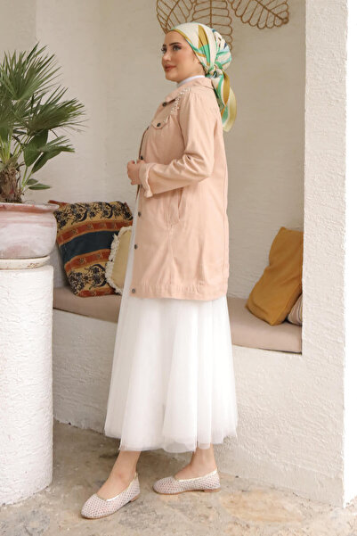 İmajButik Beige Jeans Jacket with Jewelled Pockets