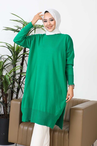 İmajButik Green Crew Neck Mercerized Casual Knitwear Tunic