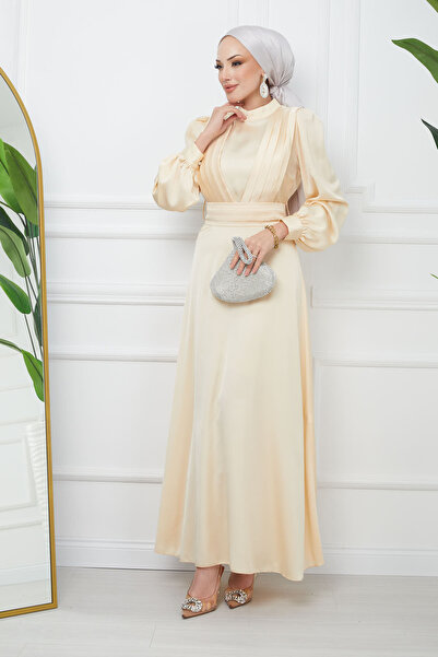 İmajButik Gold Shoulder Pleated Satin Evening Dress