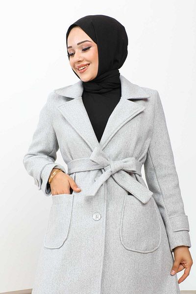 İmajButik Ανοιχτό γκρι ριμπ γιακά με σταμπωτό παλτό