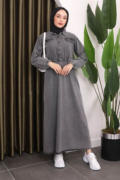 İmajButik Smoked Color - Τζιν φόρεμα με κουμπιά στο γιακά και ελαστική μέση