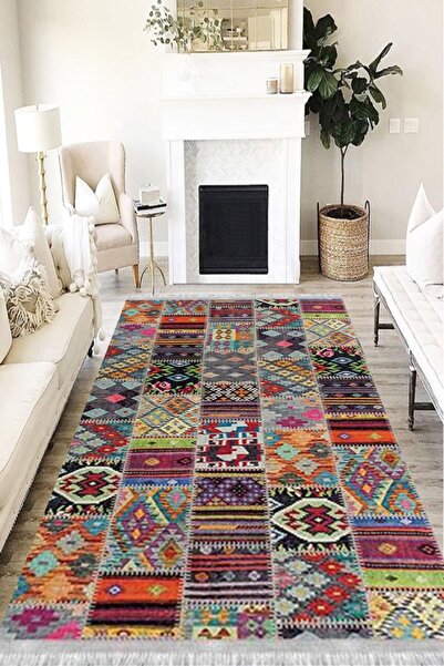 MOTTO HALI Patchwork Eko Punto Kaymaz Tabanlı Yıkanabilir Antibakteriyel Dijital Baskı Patchwork Halı Yolluk