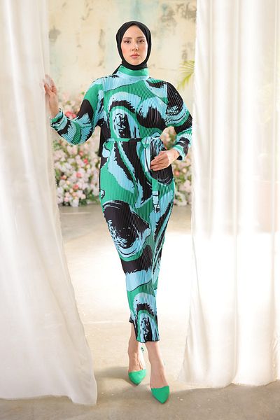 İmajButik Μπλε φόρεμα με πλισέ φύλλο