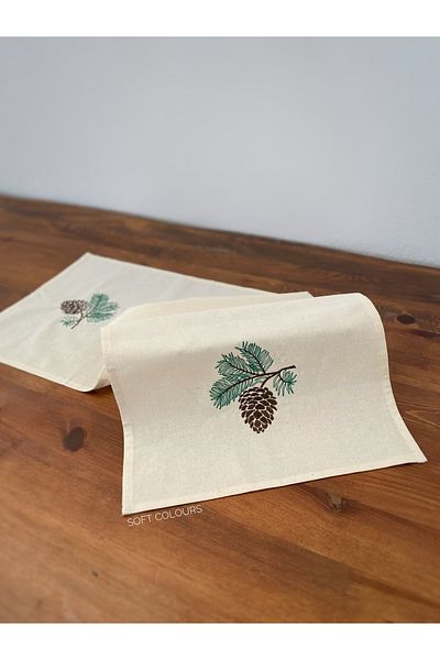Soft Colours Organic Raw Linen - Christmas Cone Embroidered Runner 40X140 cm