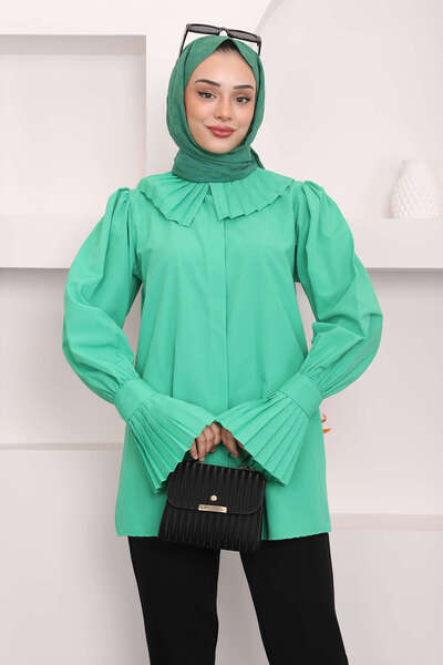 İmajButik Πράσινο πουκάμισο Tericoton - Σχέδιο με πλισέ μανίκια