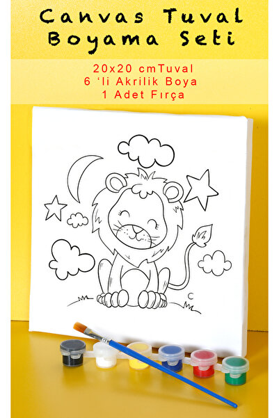 Rübiş Fotoğrafcılık Sevimli Aslan Canvas Tuval 20x20 cm Çocuk Boyama Seti