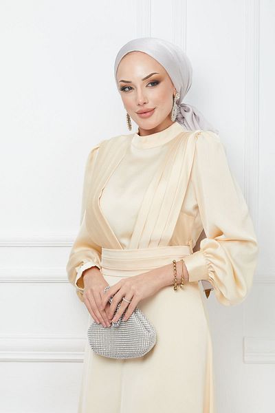 İmajButik Βραδινό φόρεμα με χρυσό πλισέ σατέν ώμου