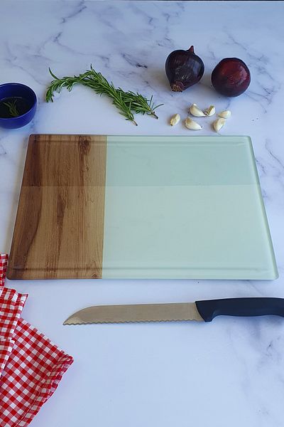 Decorita Channeled Glass Cutting Board - Glass Cutting Table| Wooden Patterned Edge| 25cm X 35cm| Patented Product