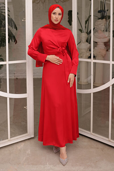 İmajButik Red Tied Satin Evening Dress