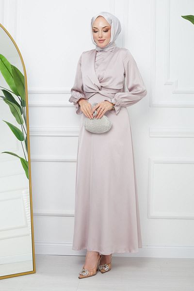 İmajButik Βραδινό φόρεμα με πέτρινο μανίκι Guipeli μπροστινή λεπτομέρεια σατέν