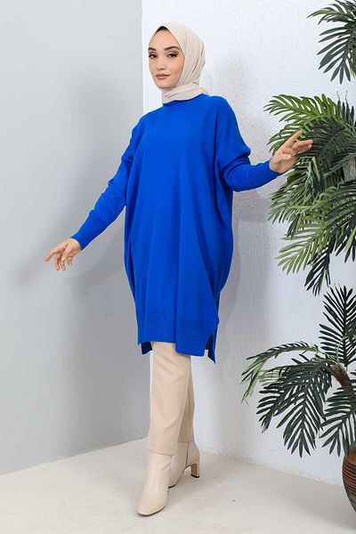İmajButik Saks Blue Crew Neck Mercerized Casual Knitwear Tunic